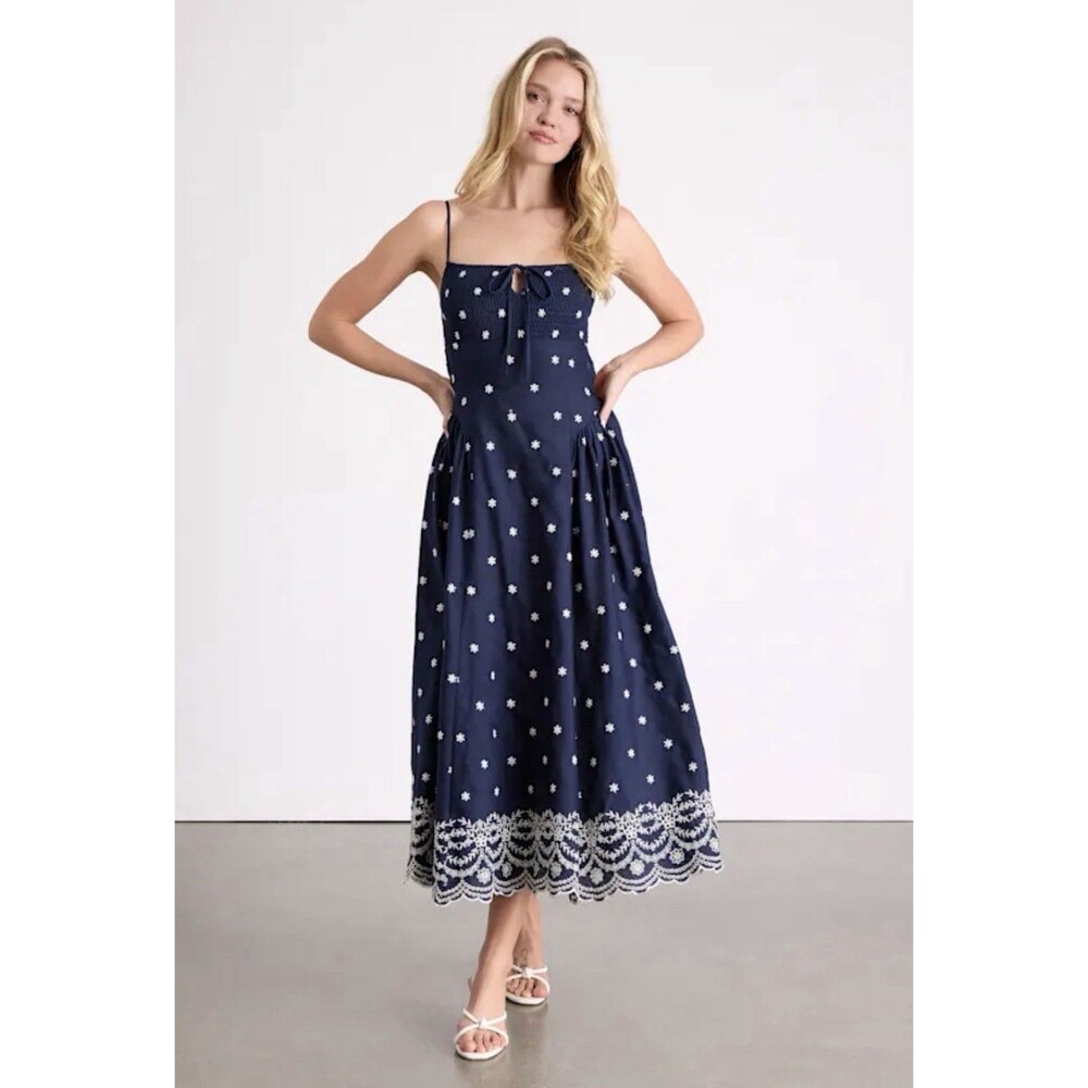 NWT Lulus Kosi Navy Embroidered Backless Midi Dress Basque Waist Large